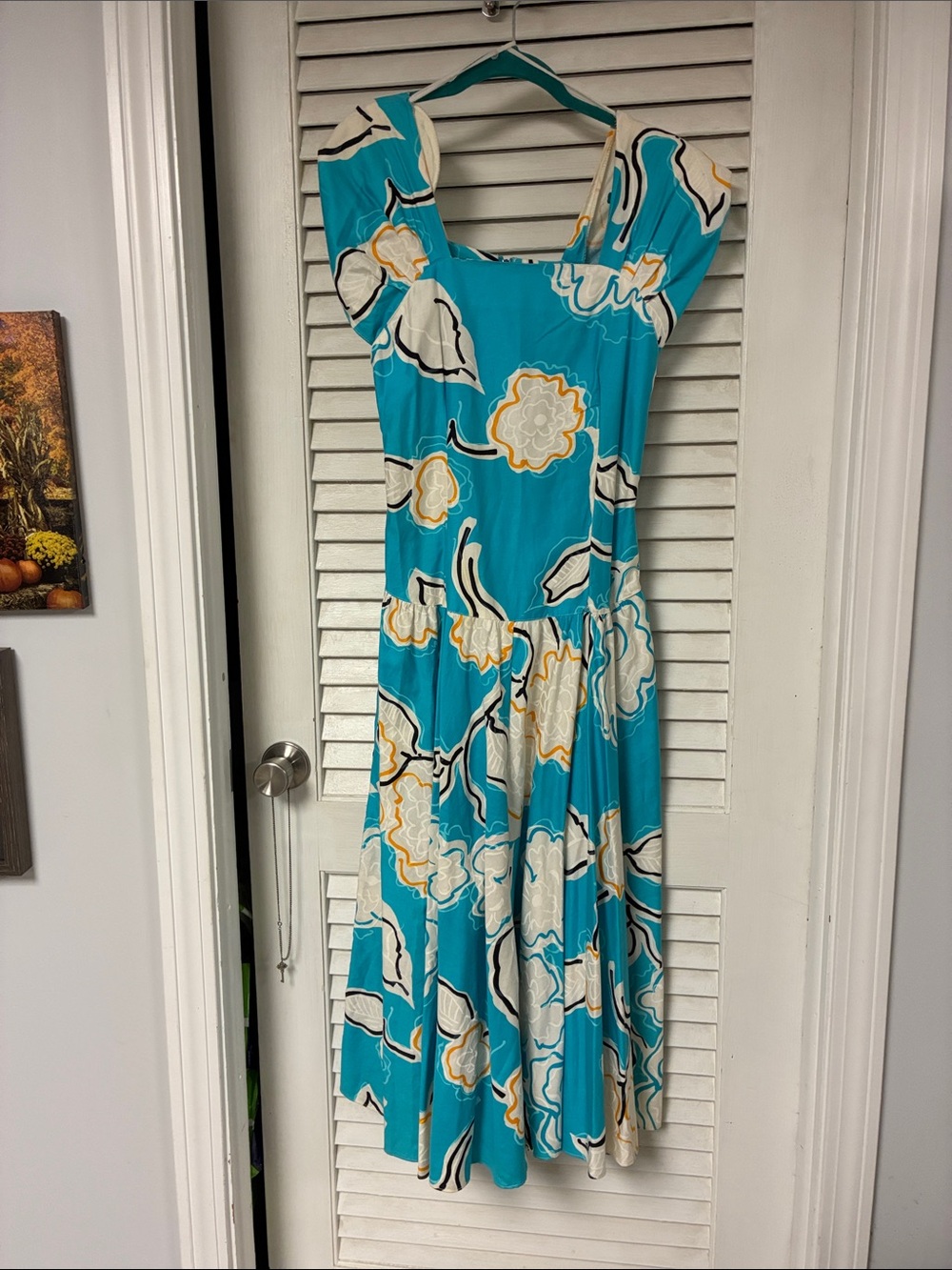 Vintage Turquoise Floral Square-Neck, Dropped waist Midi Dress with shoulder pad